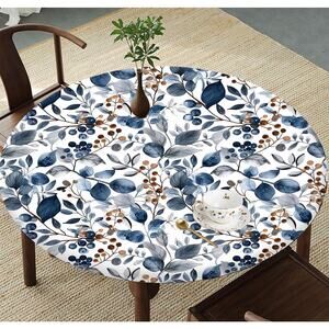 NWT Blue Round Waterproof Washable Fitted Tablecloth Table Cover Elastic Edge
